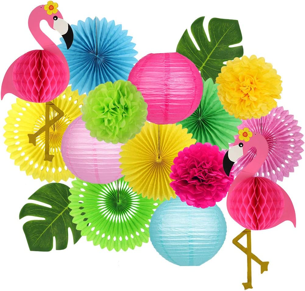 Zilue Flamingo Party Decorations Hawaiian Party Supplies Flamingo Honeycomb Ball Paper Lanterns Tissue Paper Fan for Luau Tropical Birthday Party Summer Decor