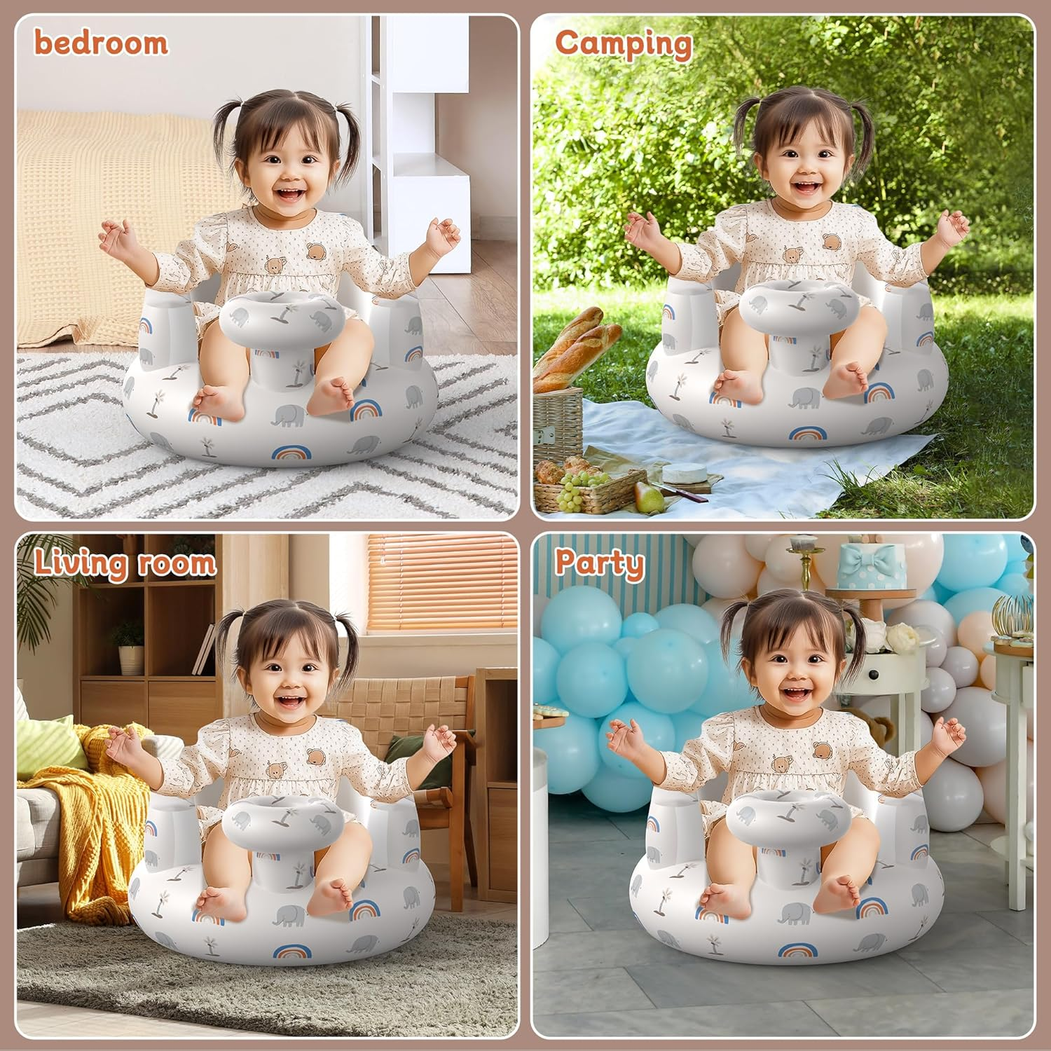 Inflatable Baby Floor Seat, Suitable for 3 Months and Up, Foldable Baby Chair with Built in Air Pump, Portable for Anywhere, Cute Patterns, for Baby image number 4