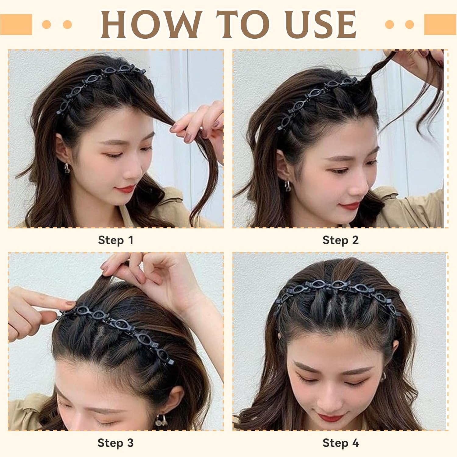 Pack of 4 Headband with Clips, Braided Headband with Clips, Bangs Headband with Clips, Headband with Clips with 4 Hair Clips for Women, Girls (Black + Brown) image number 6