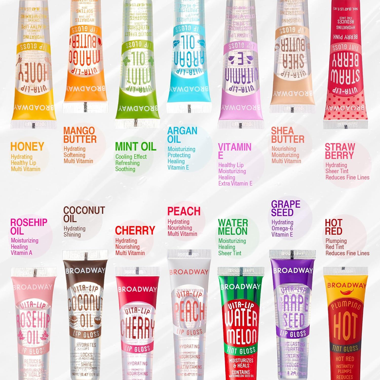 Ruby Kisses Broadway Vita-Lip Tinted Lip Gloss (9 Pack) Ultra-Hydrating, Nourishing, Soothing Formula with Vitamins, High-Shine Non-Sticky Lip Balm with Rosehip+Coconut Oil, Pink, Red & Brown Shades image number 1