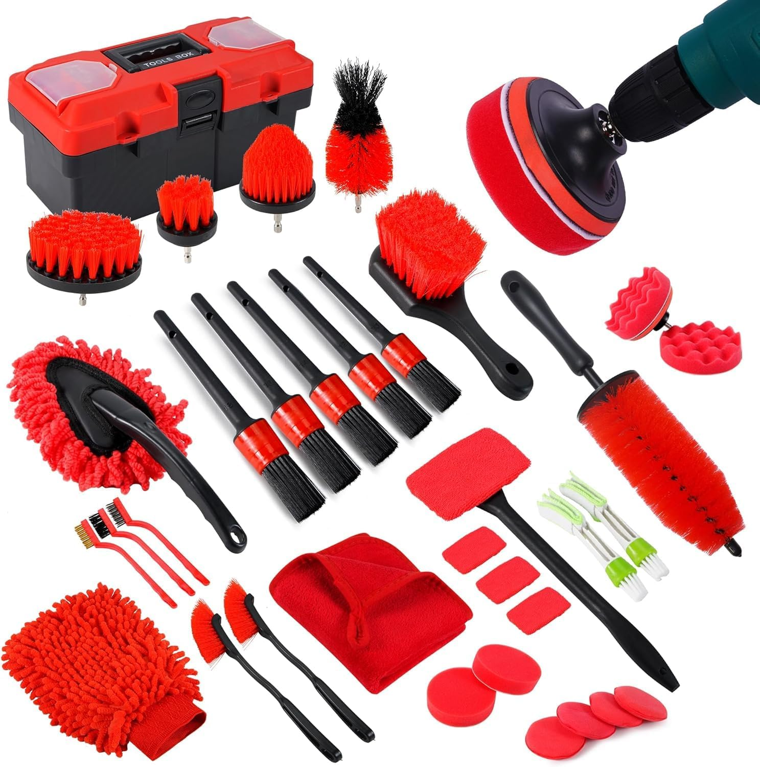 35Pcs Car Detailing Kit, Drill Brush Attachments with Detailing Brush Set and Tools Box, Red Auto Cleaning Kit Interior for Wheels, Dashboard, Windows image number 5