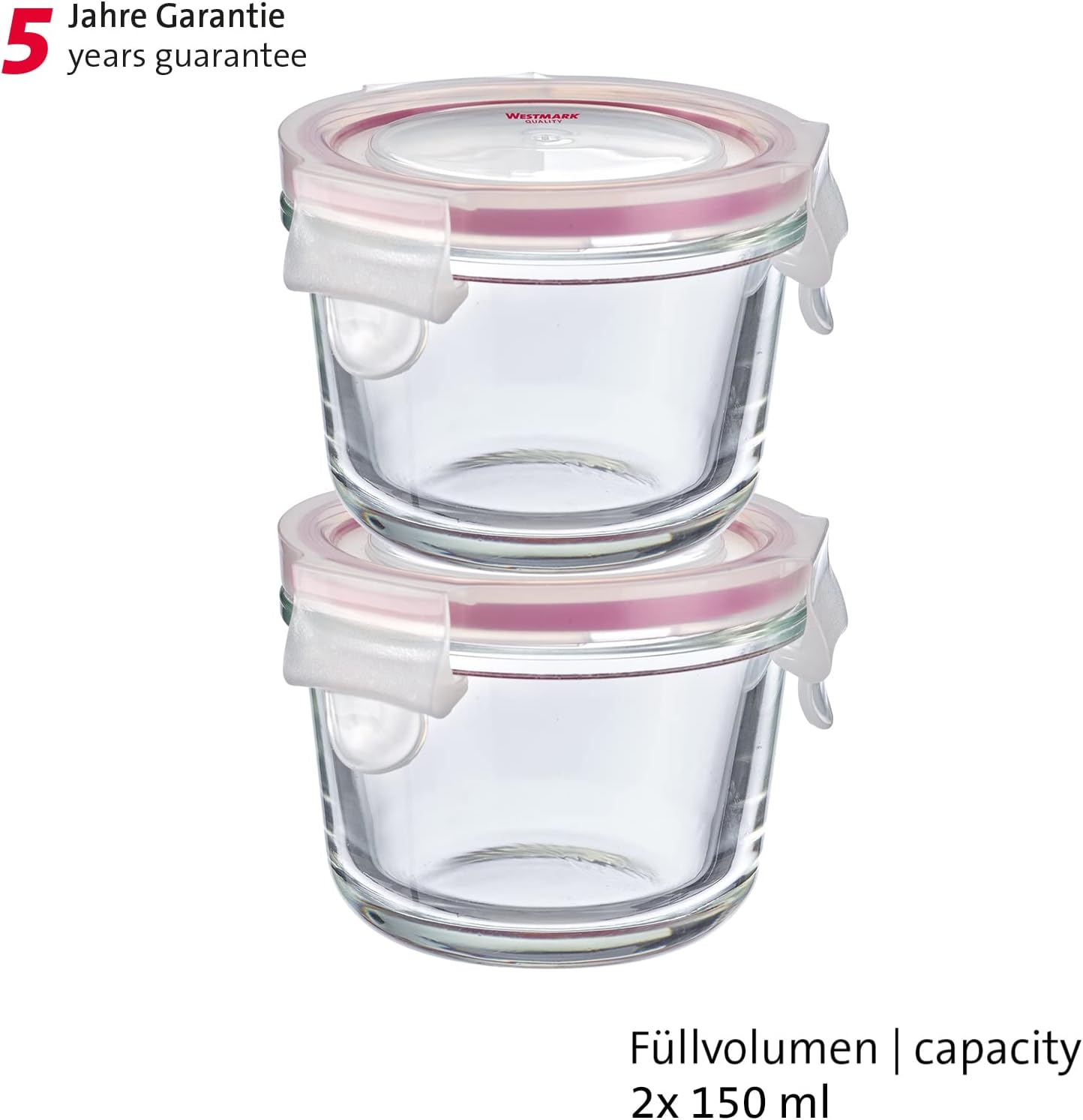 Westmark Set of 2 Glass Food Storage Containers with Clip Lid, Round, Capacity: 150 Ml, Freezer, Microwave and Oven Safe, Glass/Silicone/Plastic, Transparent/Red, 233122E3 image number 4
