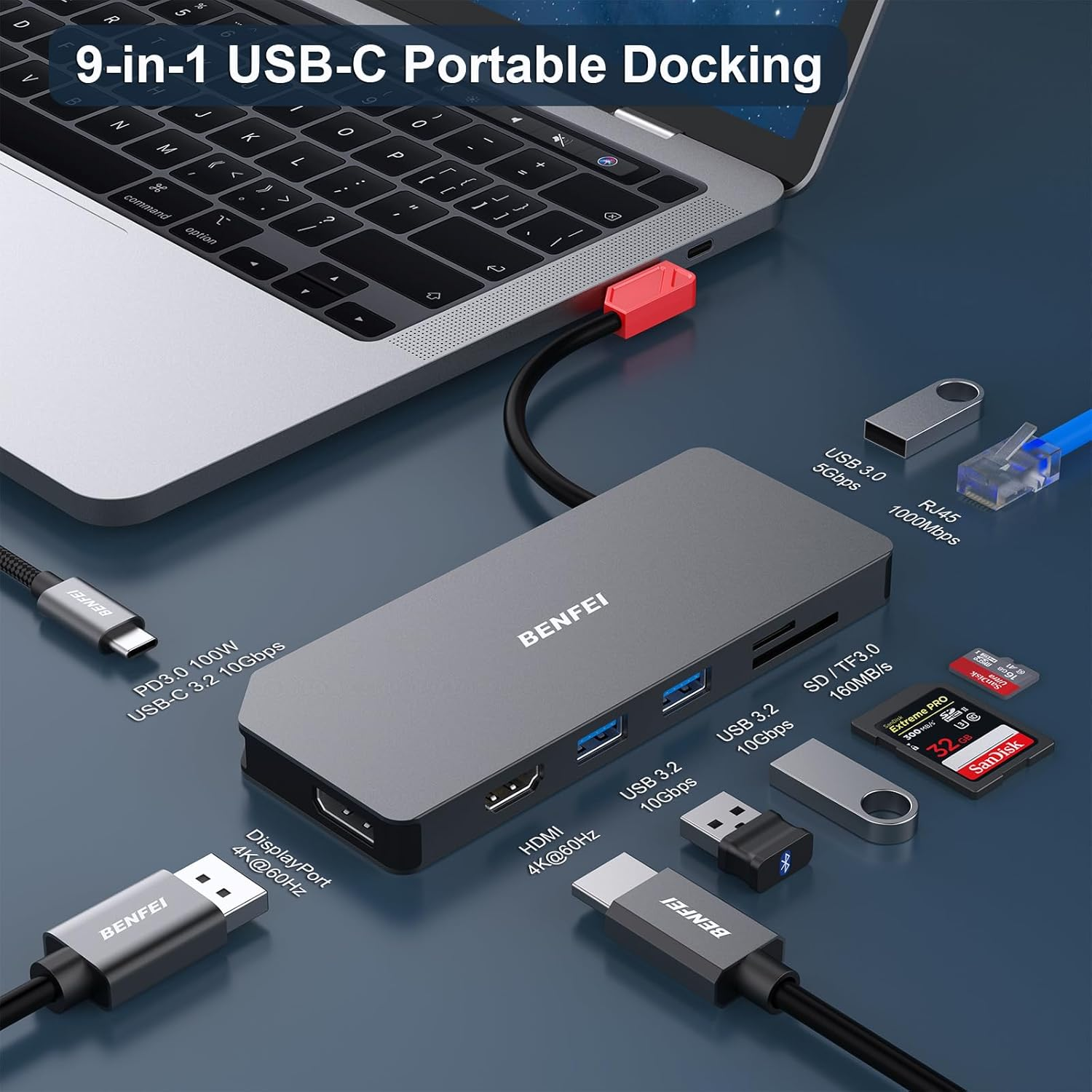 BENFEI 9In1 USB C MST Laptop Docking Station, USB-C Hub with USB-C to HDMI Displayport Dual Monitor/3*Usb Type-A/1*Usb Type-C(10Gbps+100W PD)/SD/TF Card Reader/1*Rj45 image number 2