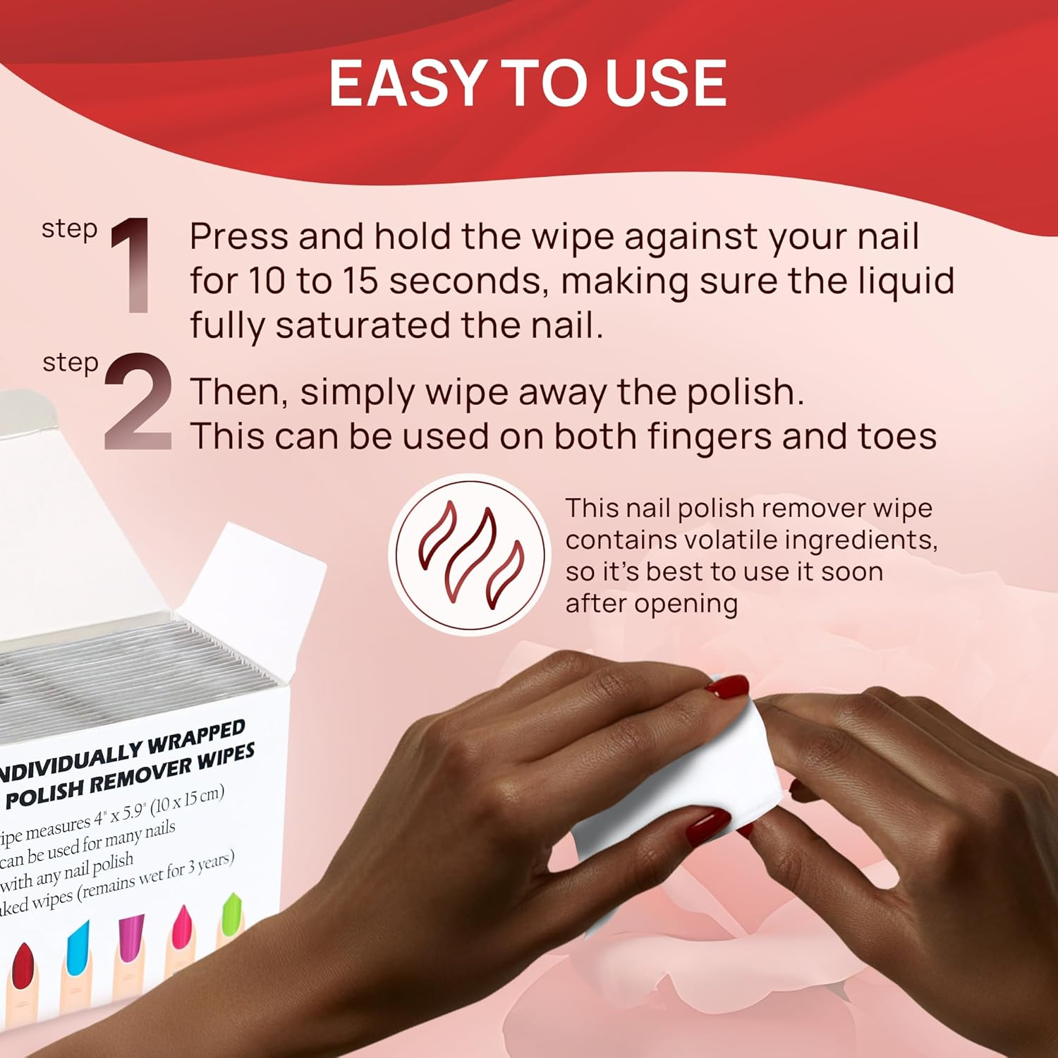 Nail Polish Remover Pads - 100% Non-Acetone - 50 Pack Bulk Set - Individually Wrapped - Quick Nail Polish Remover Wipes - Fingernail Travel Kit to Clear Nail Polish for Home & Professional Removal image number 3