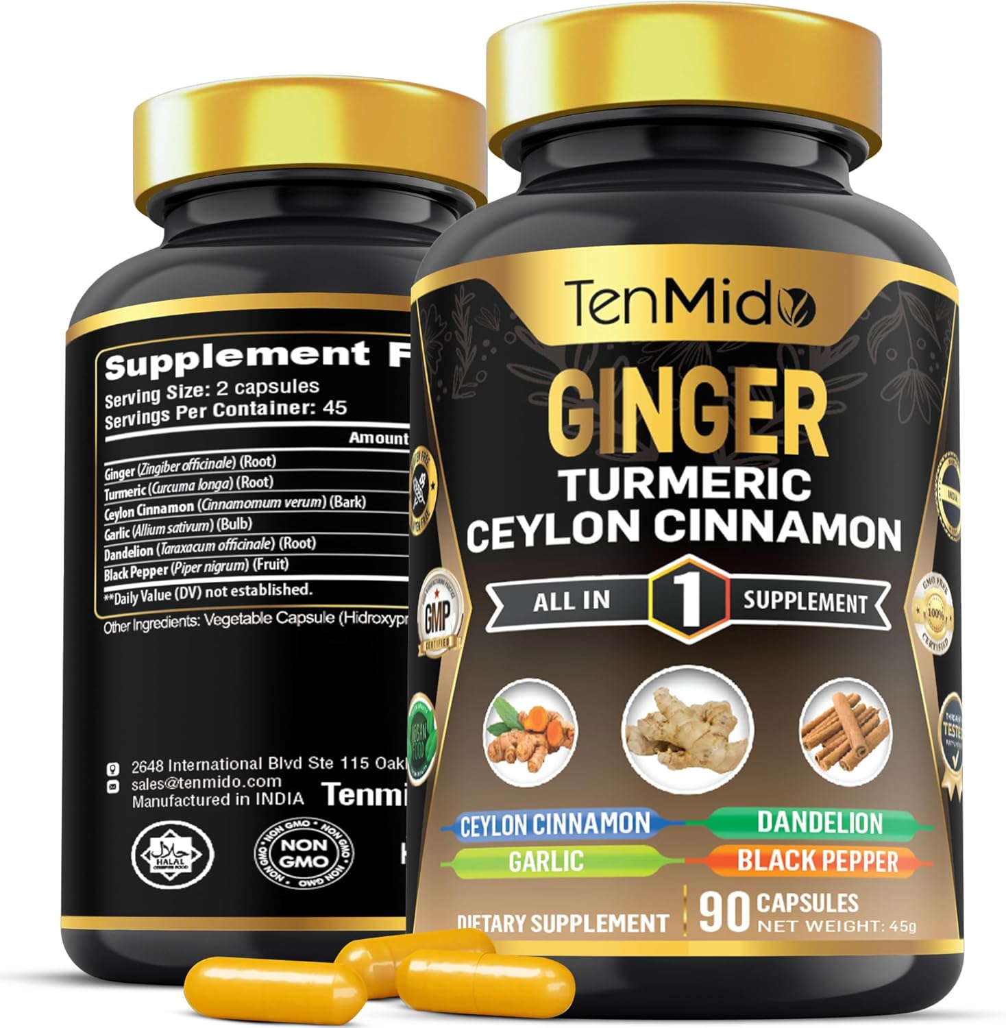 Tenmido Ginger & Turmeric Supplements - 6In1 with Ceylon Cinnamon, Garlic, Dandelion and Black Pepper - Digestive Health - 90 Vegan & Non-Gmo Capsules image number 2