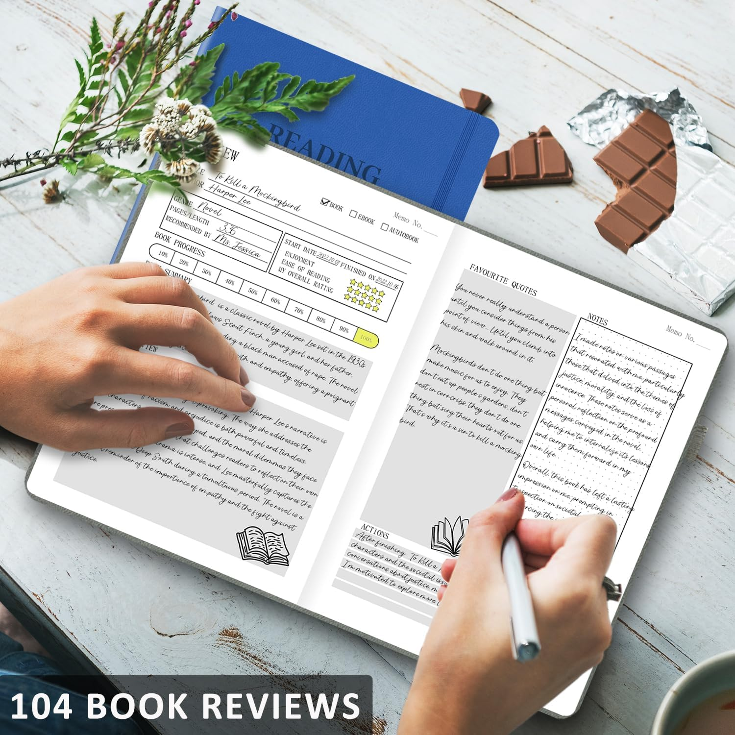 Reading Journal with 104 Book Reviews, Book Journal for Book Lovers & Readers - Book Reviews & Reading Tracker & Reading List Challenge, Reading Log Notebook Gift, A5, Navy Blue - Dark Green image number 7