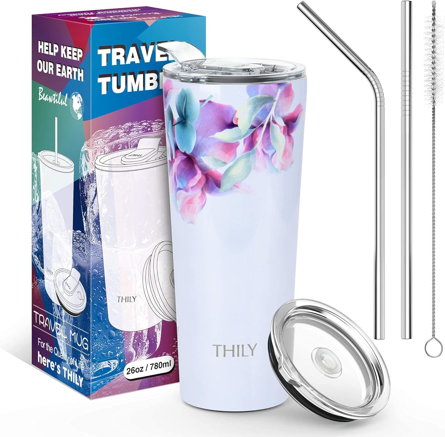 Stainless Steel Vacuum Insulated Tumbler - THILY Travel Mug 26 Oz Coffee Cup with 2 Lids and Straws, Splash Proof, Keep Ice Drinks Cold, Pink Lilies image number 4