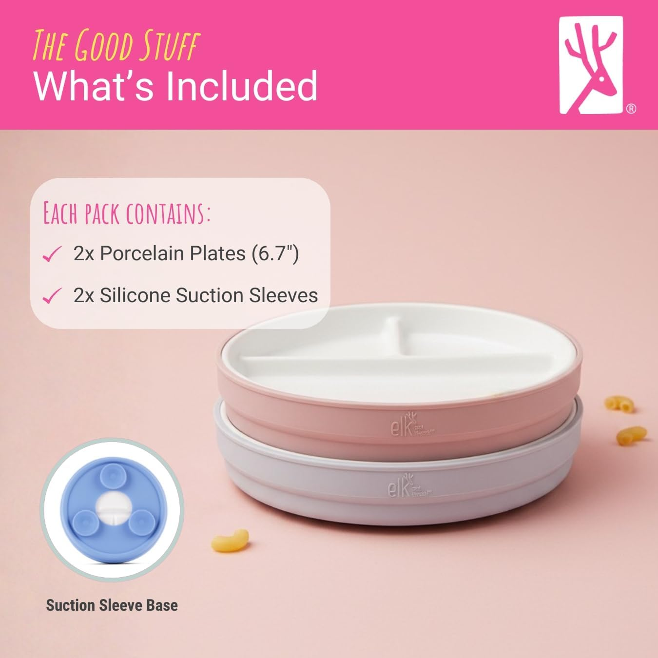 Elk and Friends Kids 6.7&rdquo; Porcelain White Divided Plates with Silicone Suction Sleeves | Suitable for Babies/Toddlers | Microwave & Dishwasher Safe | Stay Put Dinnerware | Snack Dishes | 2 Pack image number 4