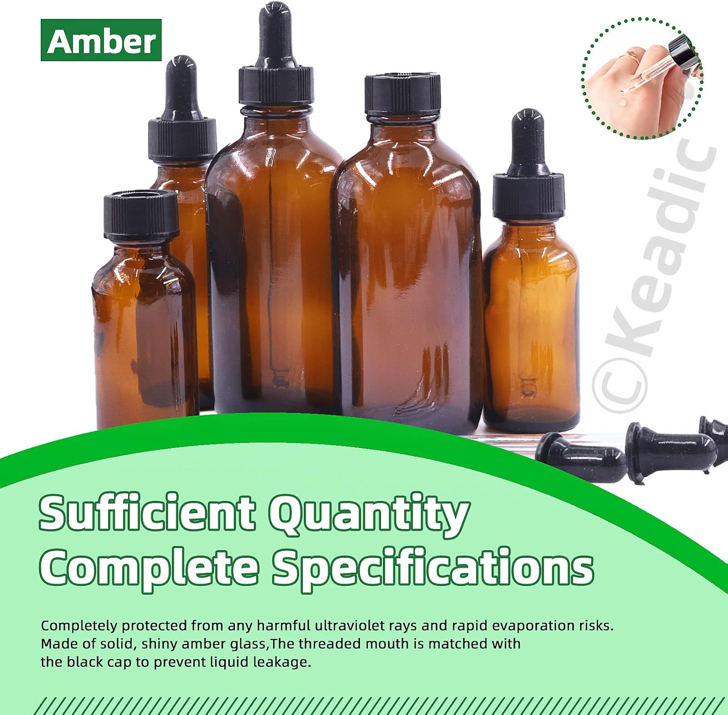 Keadic 24 Pack 1 Oz 2 Oz 4 Oz Glass Dropper Bottles Assortment Set with Tapered Eye Dropper & Black Cap Amber round Boston Tincture Bottles for Massage Essential Oils Perfumes Liquids