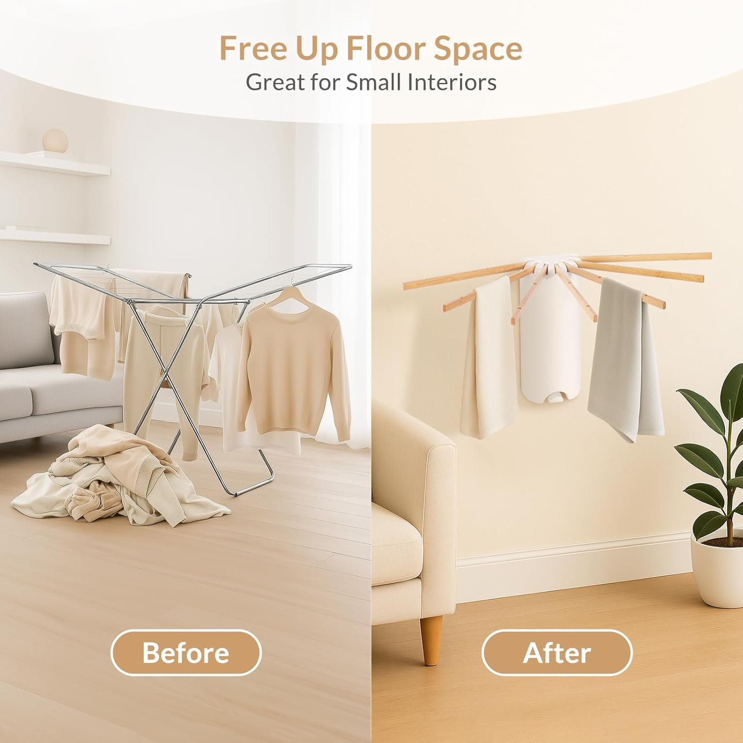 Todeco Wall Mounted Drying Rack with 7 Beech Wood Rod, Collapsible Clothes Drying Rack with Extra Botton Hook, Laundry Drying Rack for Bathrrom Balcony Laundry Room image number 3