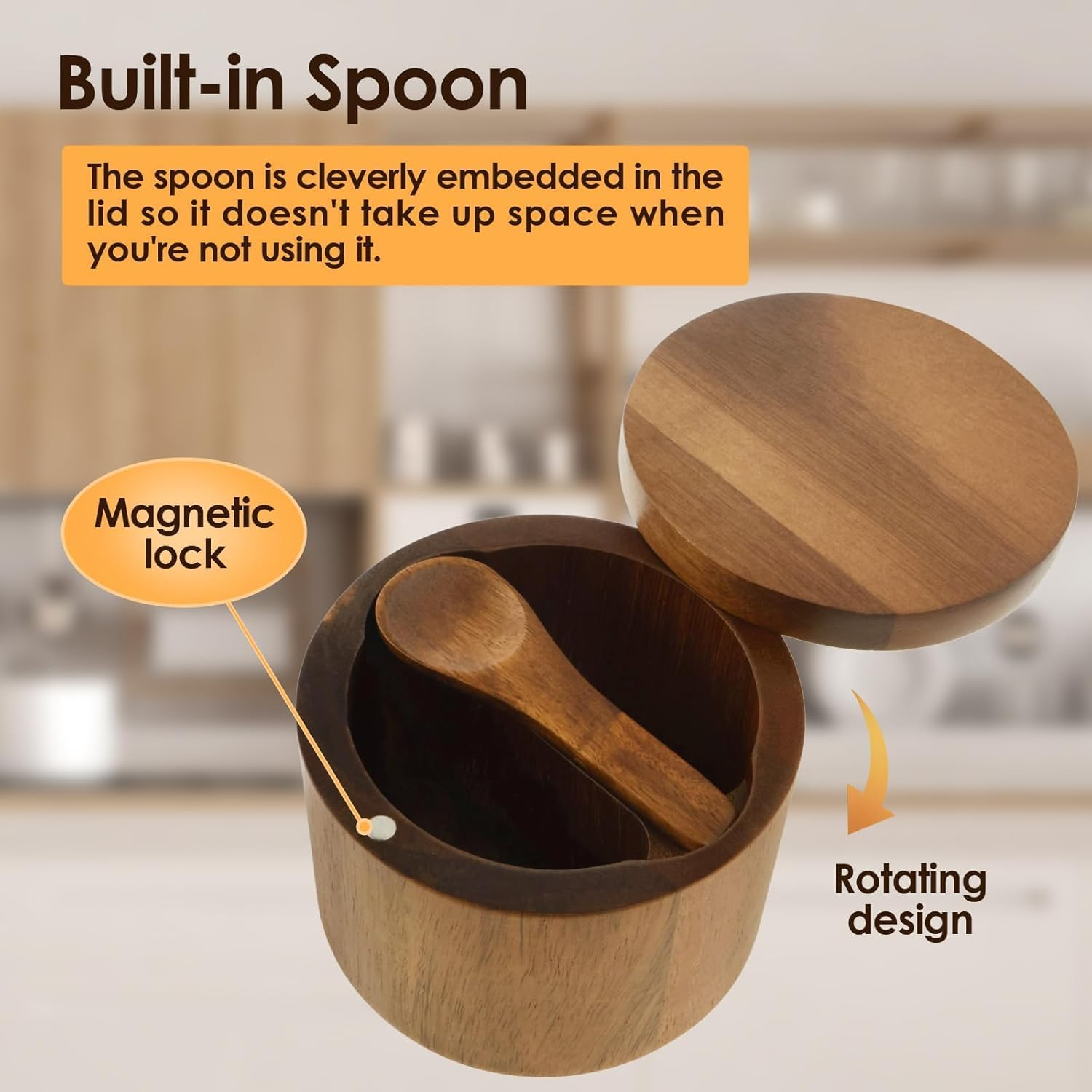 Wood Salt Shaker,Salt Container with Built-In Spoon and Magnetic Screw Ca,Sugar Bowl,Spice Bo,Spice Jar for Sea Salt Herbs or Favorite Seasonings image number 5