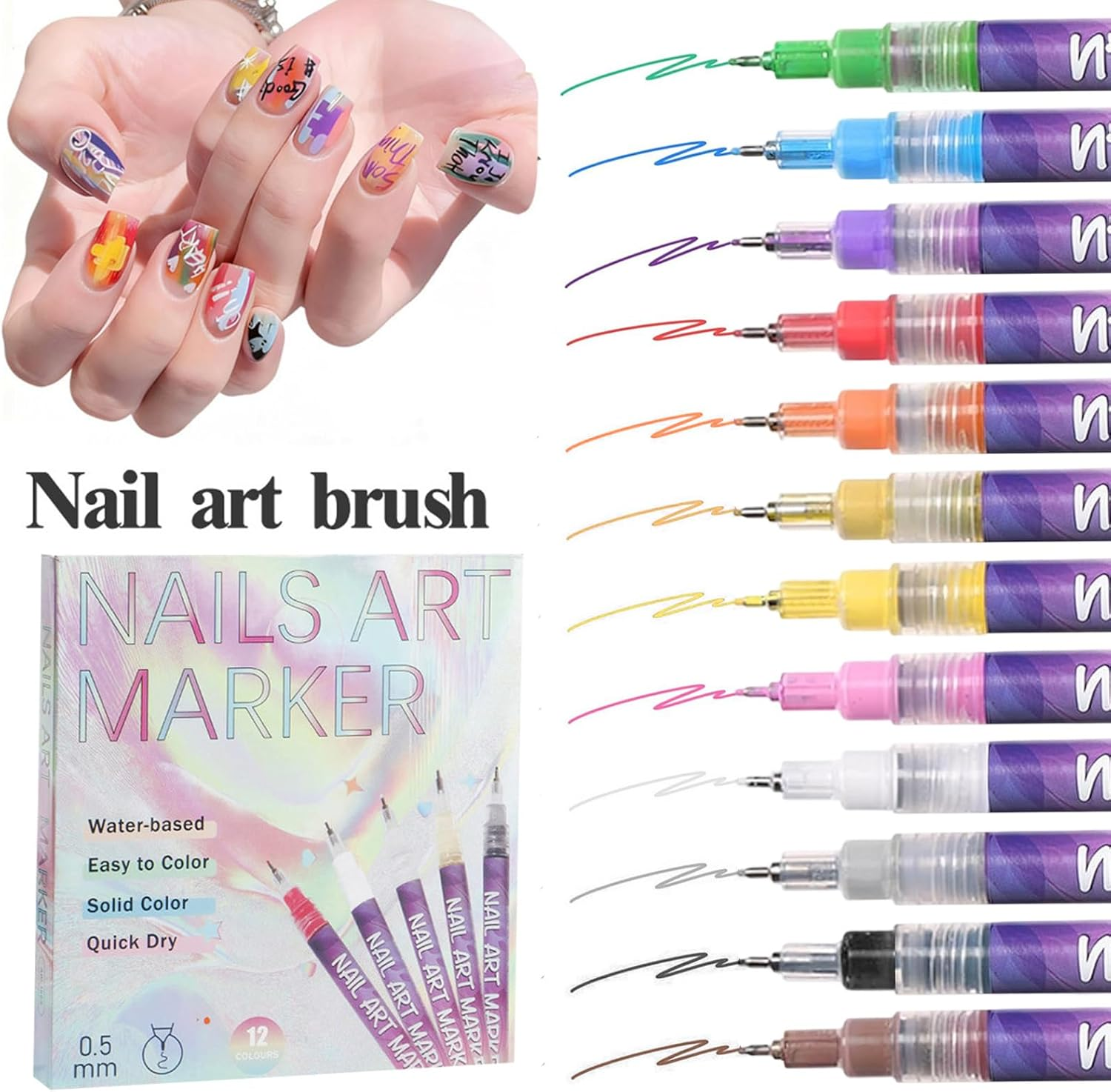 Nail Pens | Art Fast Drying Smudge Proof Liner - Gel Nail Paint Art Pens - for Kids Girls Women Beginner Fingernail Canvas Craft Salon Home Supplies image number 5