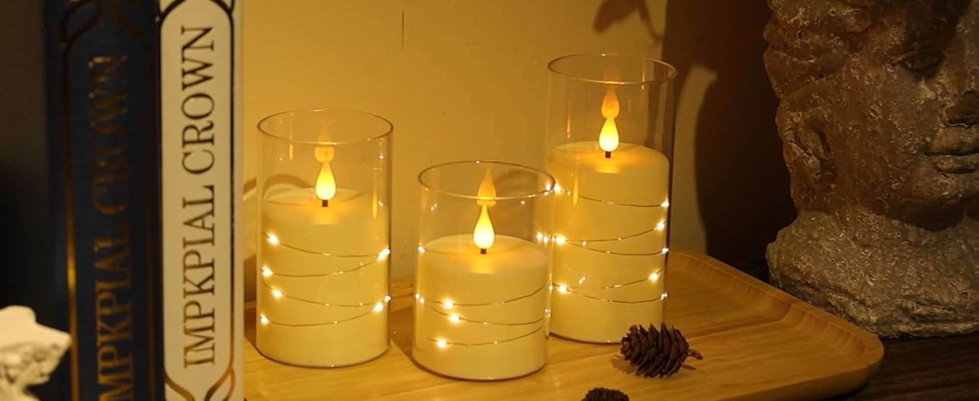 Flickering Flameless Candles: Built-In Star String Lights Unbreakable 3D Wick Acrylic Battery Operated LED Pillar Candles with Remote (White, 4" 5" 6") image number 2