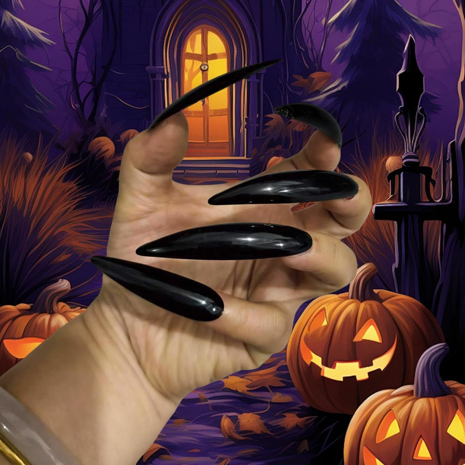 Halloween Fake Nails - 10 Pack Long Acrylic Nails Vampire - Reusable Gothic Design Vampire Fancy Dress Horror House Stage Performance Halloween Party Gothic Horror Nail Reusable Fake Nails Vampire image number 3