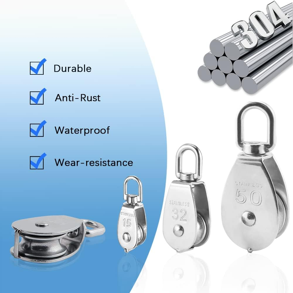 10 PCS M15 Single Pulley Blocks, Heavy Duty Roller Crane Pulley Accesseries Swiveling Wire for Lifting 250Kg/551Ibs 304 Stainless Steel(M15) image number 2