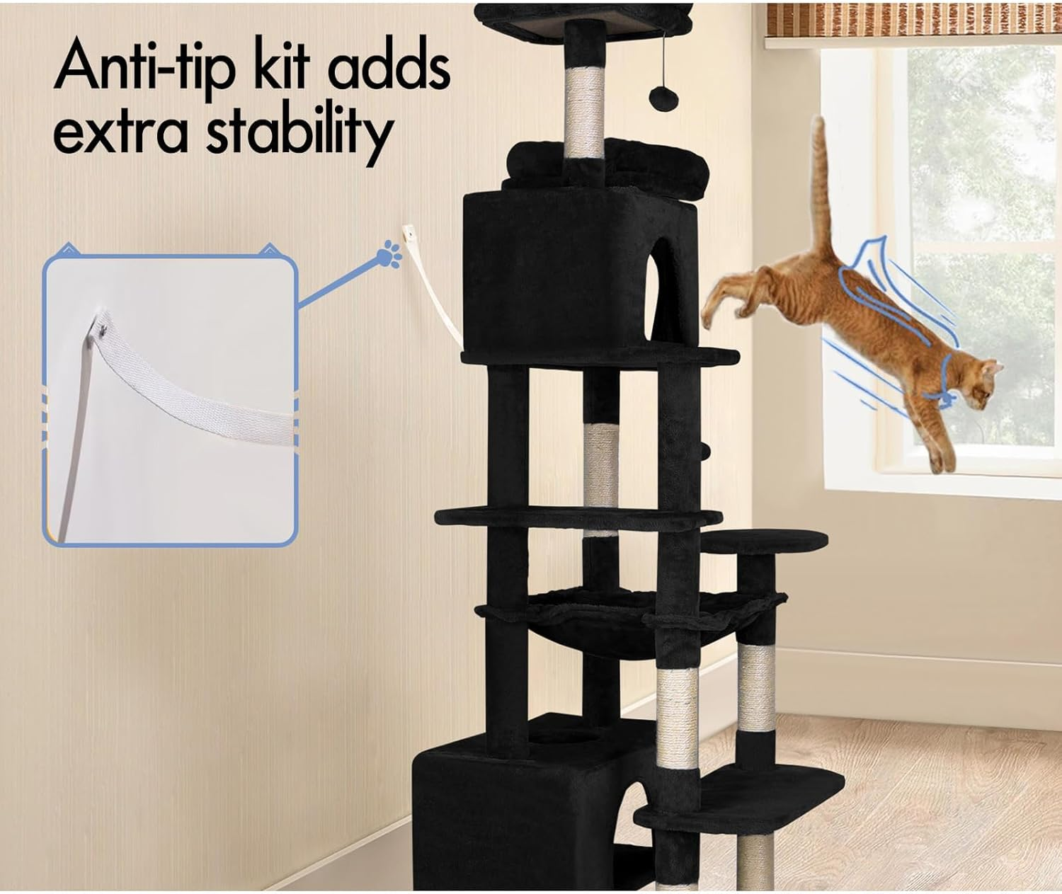 BEASTIE Cat Tree Play Tower 184Cm Tall, Multi-Level Kittens Scratching Post Tower with Scratching Pad, Multi-Story Pet Dens Condo Wood House Furniture with Sisal Scratcher Poles for Kitty, Black image number 6