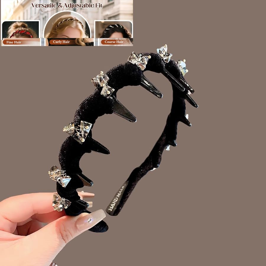 New Vintage High Cranium Artificial Pearl Hairband Elegant Braided Pearls Headbands with Teeth, Anti-Slip Decorative Hair Bands Fashion Hair Accessories for Women Rhinestone-Black image number 4