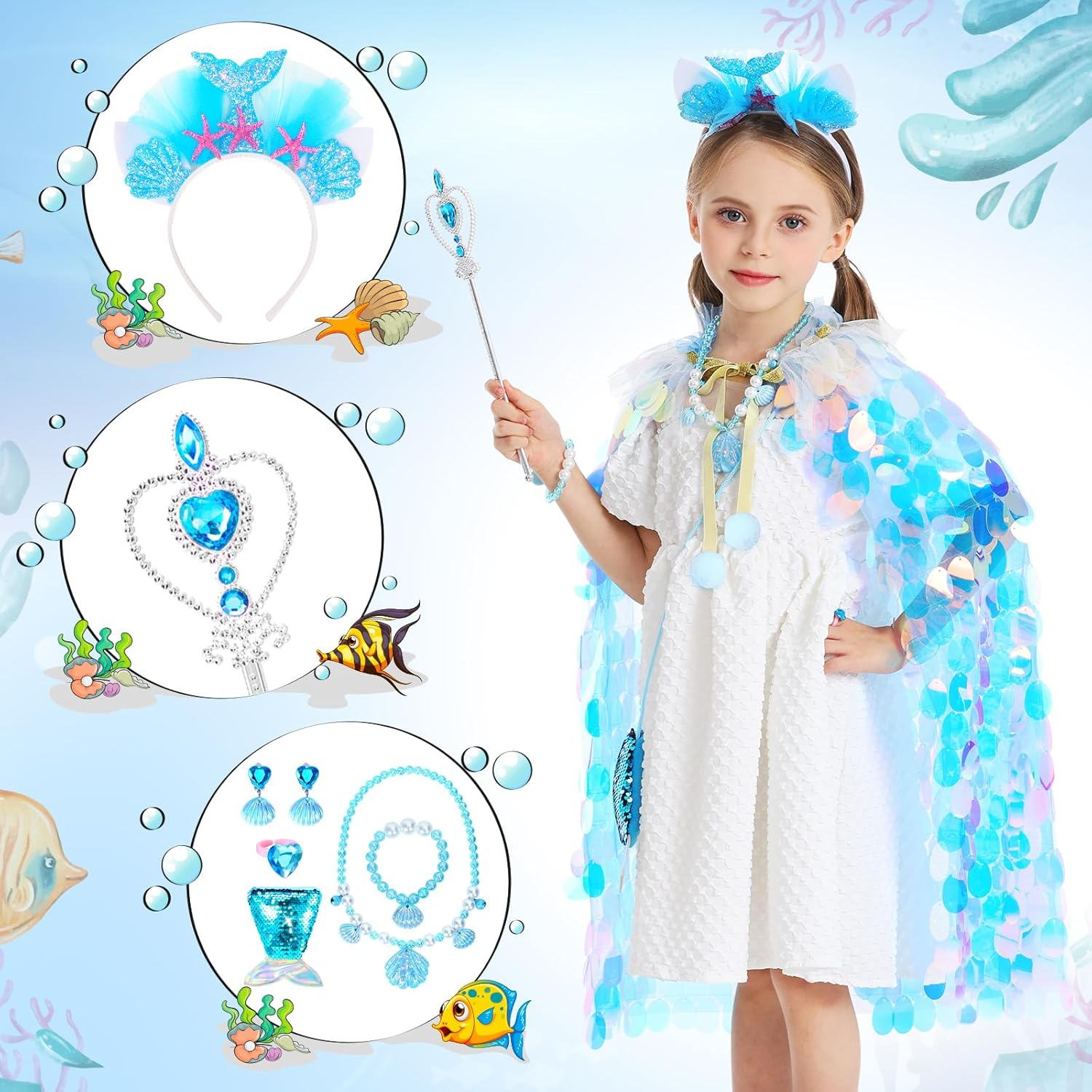 Princess Dress up Toys Princess Dress up Clothes Rainbow Mermaid Cape Kit 9 Pcs Gift Set for Little Girls 3-8 Years Old (Blue) - 7 - Light Up Rainbow Multi-Color image number 4