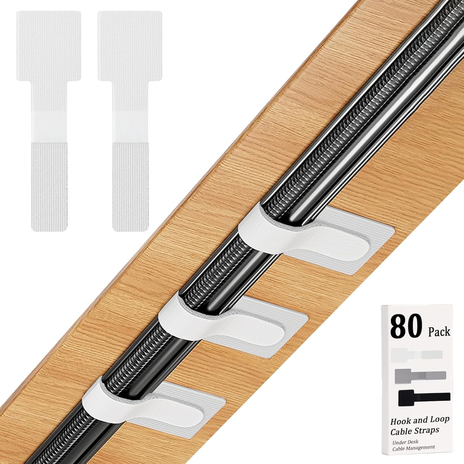 Hook and Loop Cable Ties, 80PCS Cable Management under Desk, Reusable Wire Organizers for Cords, Self Adhesive Cable Straps Clips, Household & Office Essentials, White image number 2