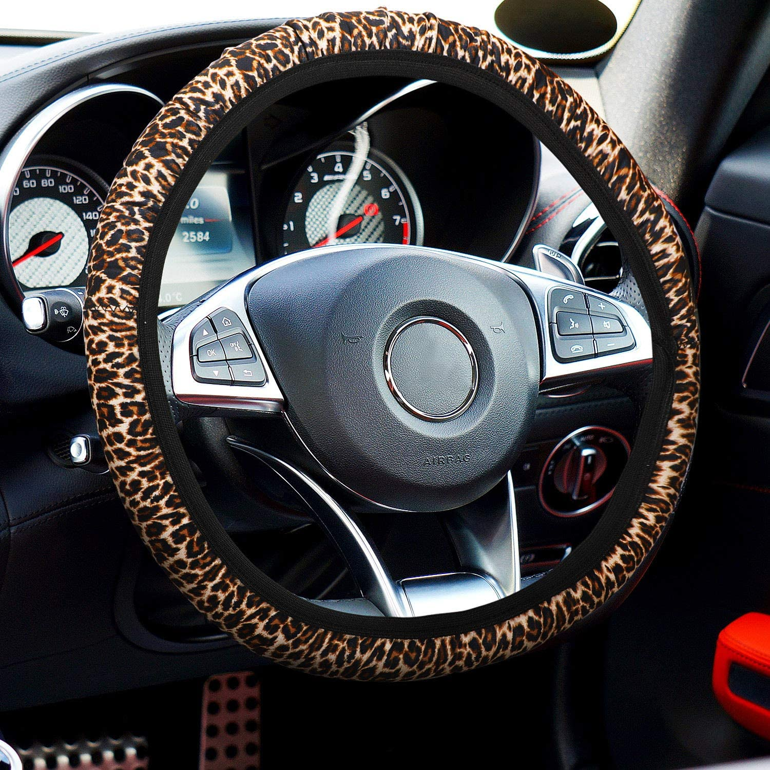 10 Pieces Leopard Print Car Decorations, Includes Leopard Front Seat Covers, Steering Wheel Cover, Leopard Car Coasters, Armrest Pad Cover Seat Belt Pads and Keychain Wrist Strap for Universal Cars image number 5