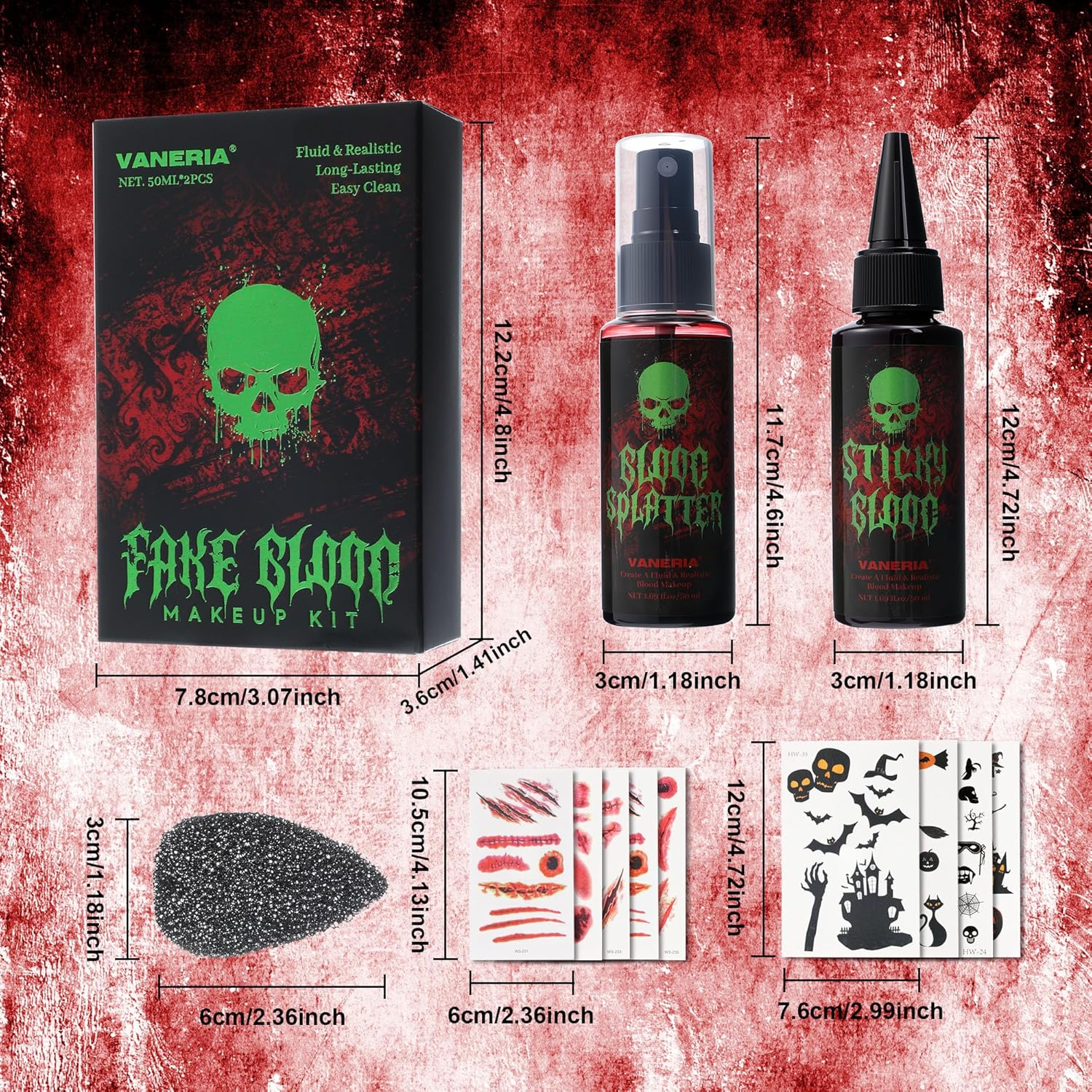 Vaneria Halloween Fake Blood Makeup Kit,Realistic Washable SFX Makeup with 50Ml Blood Splatter, 50Ml Sticky Blood, Sponge,4 Fake Scars & 4 Fluorescent Tattoo Stickers for Zombie, Vampire Cosplay image number 2