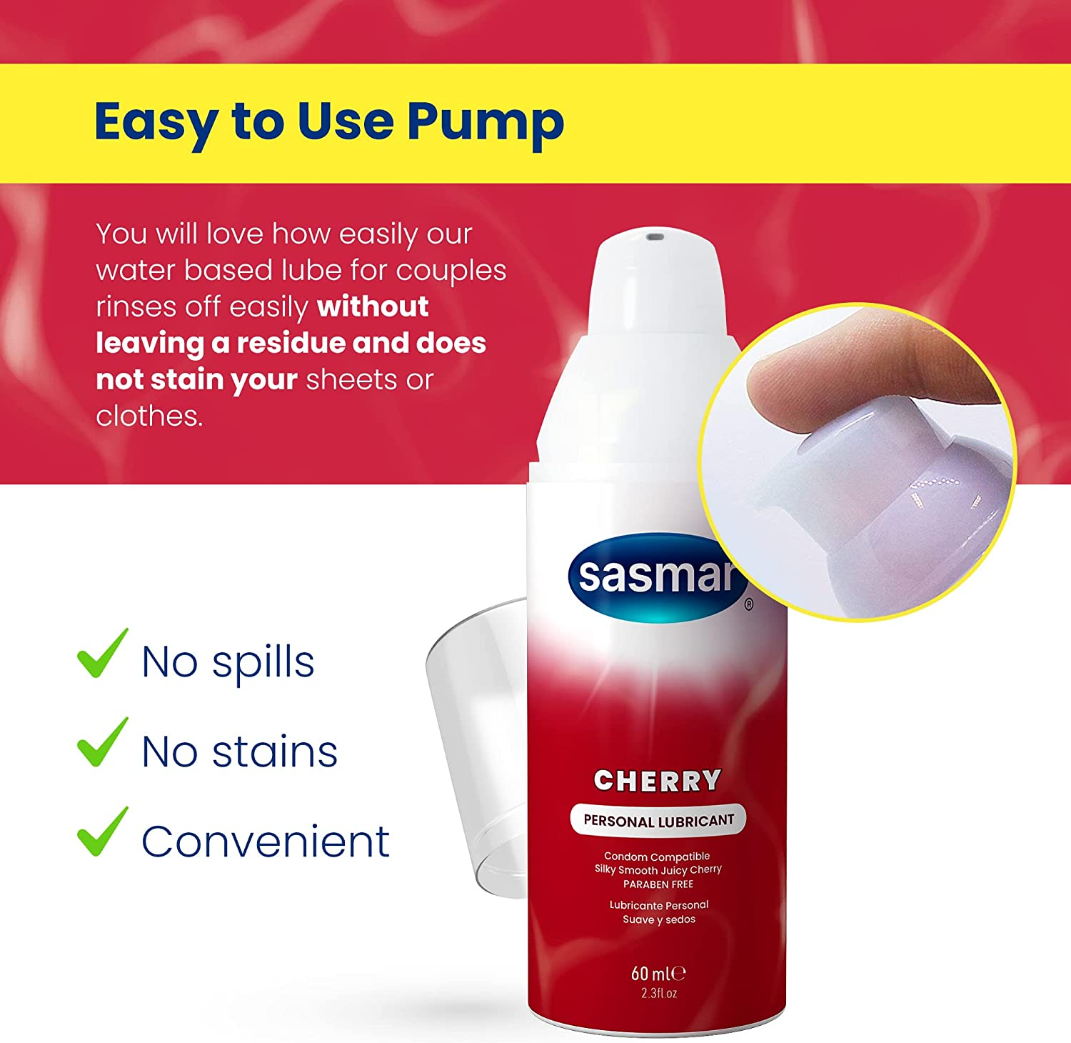 Sasmar Cherry Flavored Lubricant - Water Based Personal Lube for Men, Women - Feels Natural, Long Lasting Formula, Paraben Free, Toy-Friendly and Condom Safe, Oral Lubricant for Couples - 60 Ml image number 3