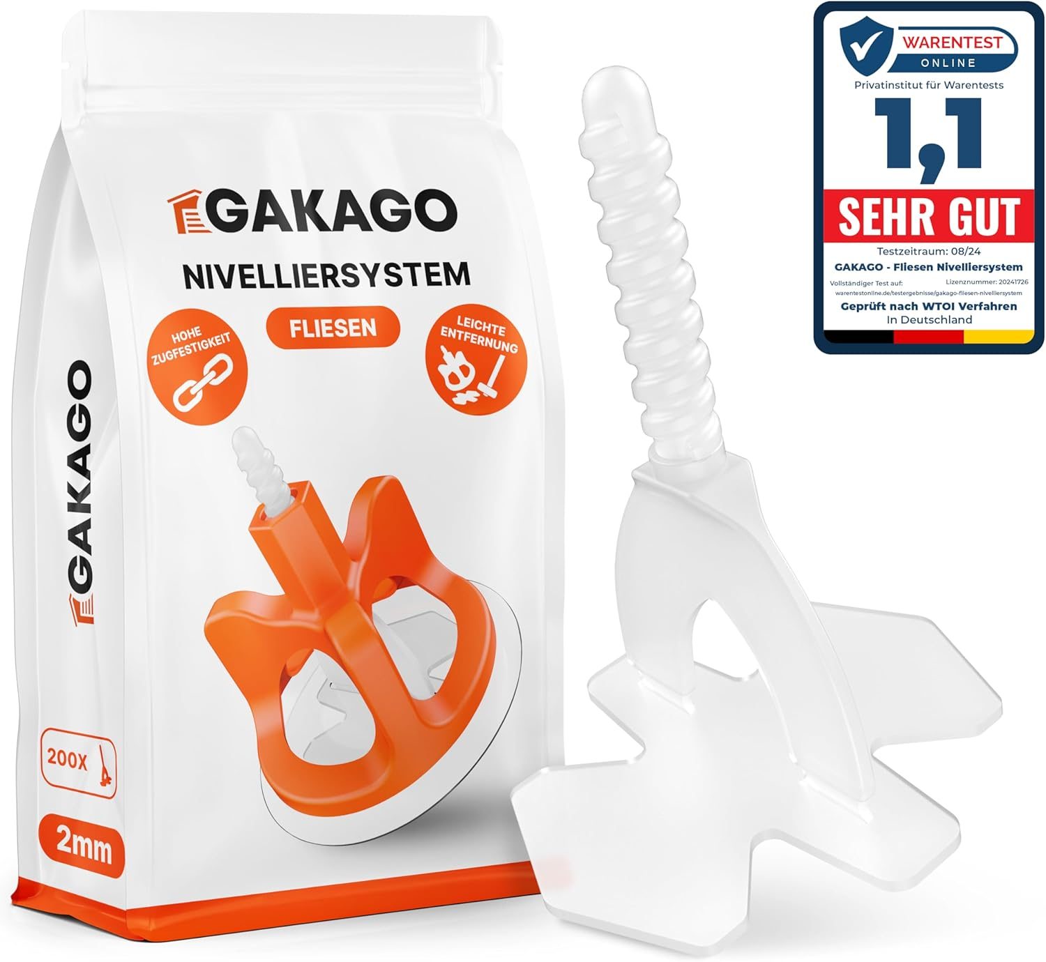 Gakago Tile Levelling System 200 Thread Tabs 2 Mm - Laying Aid for a Perfect Joint Pattern - Superior Range for Tile Thicknesses 3-18 Mm - Tile Protection with Schon Washers
