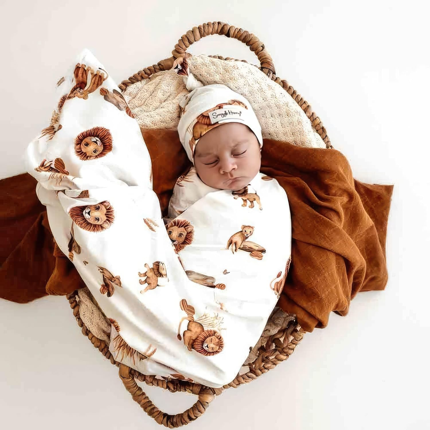 Snuggle Hunny Baby Wrap & Beanie Set, Soft Baby Swaddle Jersey Wrap & Matching Beanie, Lion Design image number 2