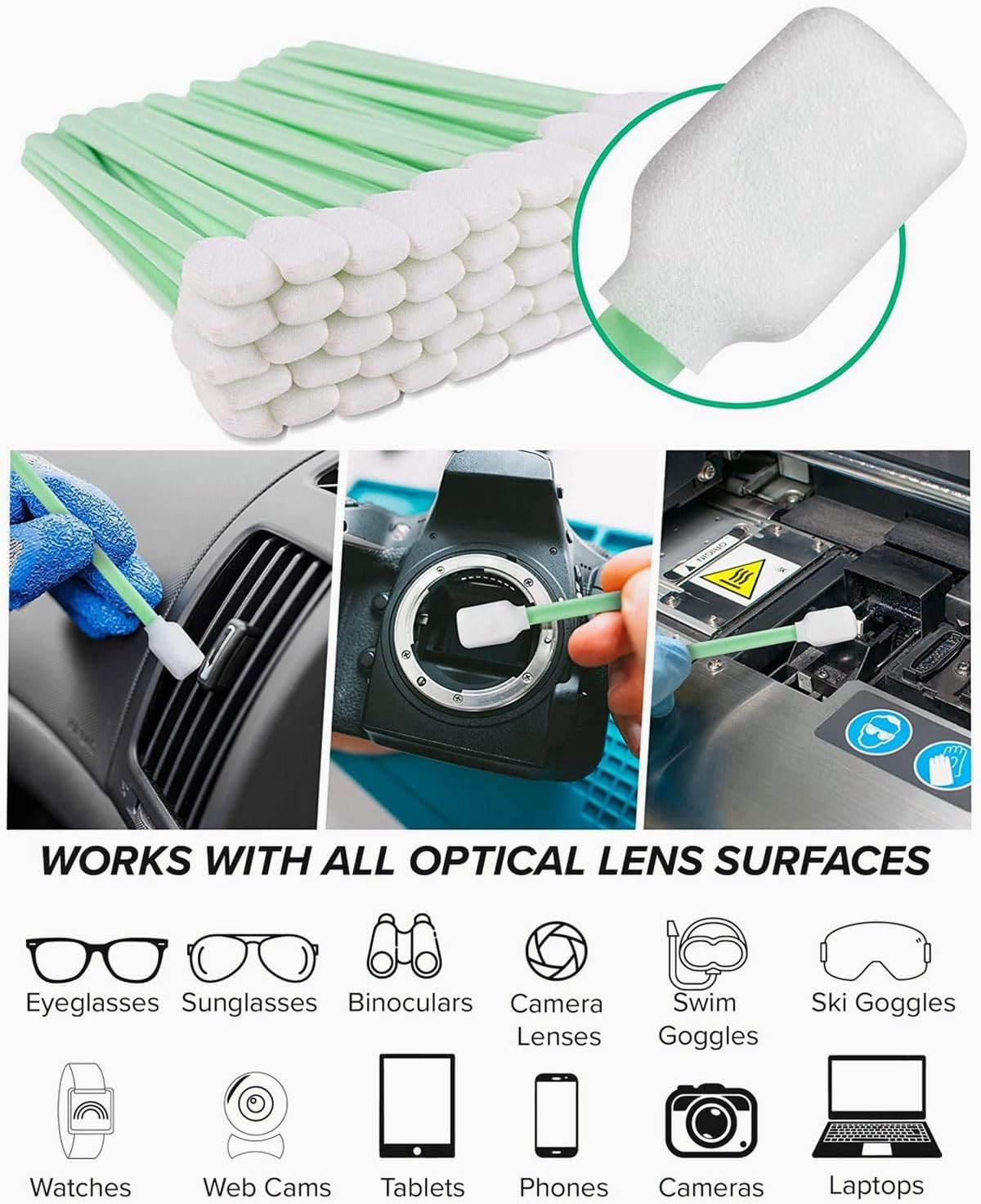 50Pcs Foam Cleaning Swabs Sterile Cleaning Sponge Sponge Swabs for Cameras Lens Inkjet Printer Soft Cotton Tips with 50 Cleaning Wipes