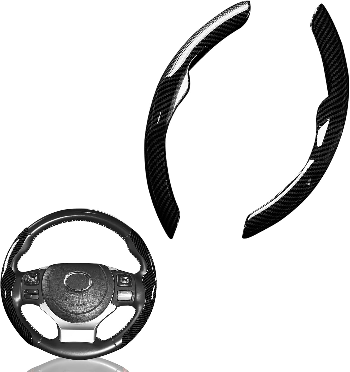 Car Steering Wheel Cover Bright Carbon Fiber, Steering Wheel Wrap Set Non-Slip 2Pcs Protector Interior Decoration 14-15 Inch Universal (Black) image number 4