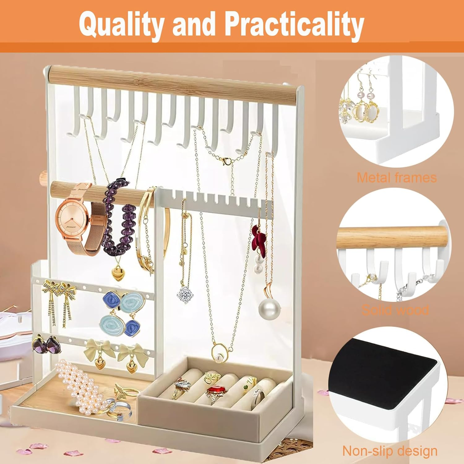 Jewelry Organizer Stand,Jewelry Organizer with Necklace Organizer,Velvet Ring Holder and Jewelry Dish,4 Tier Jewelry Tree Stand Organizer for Earrings,Bracelets,Rings Storage and Room Decor image number 4