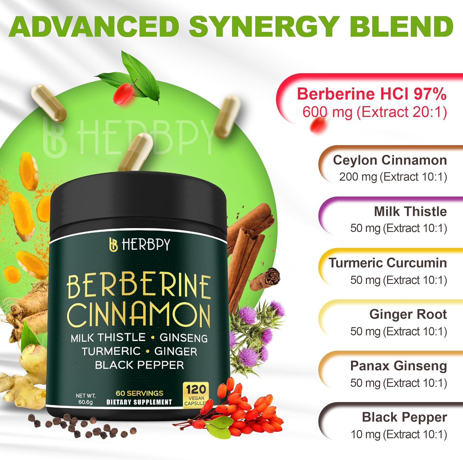 HERBPY 7In1 Premium Berberine Hcl 97% and Ceylon Cinnamon - with Ginseng, Turmeric, Ginger, Milk Thistle & Black Pepper - 120 Vegan Capsules