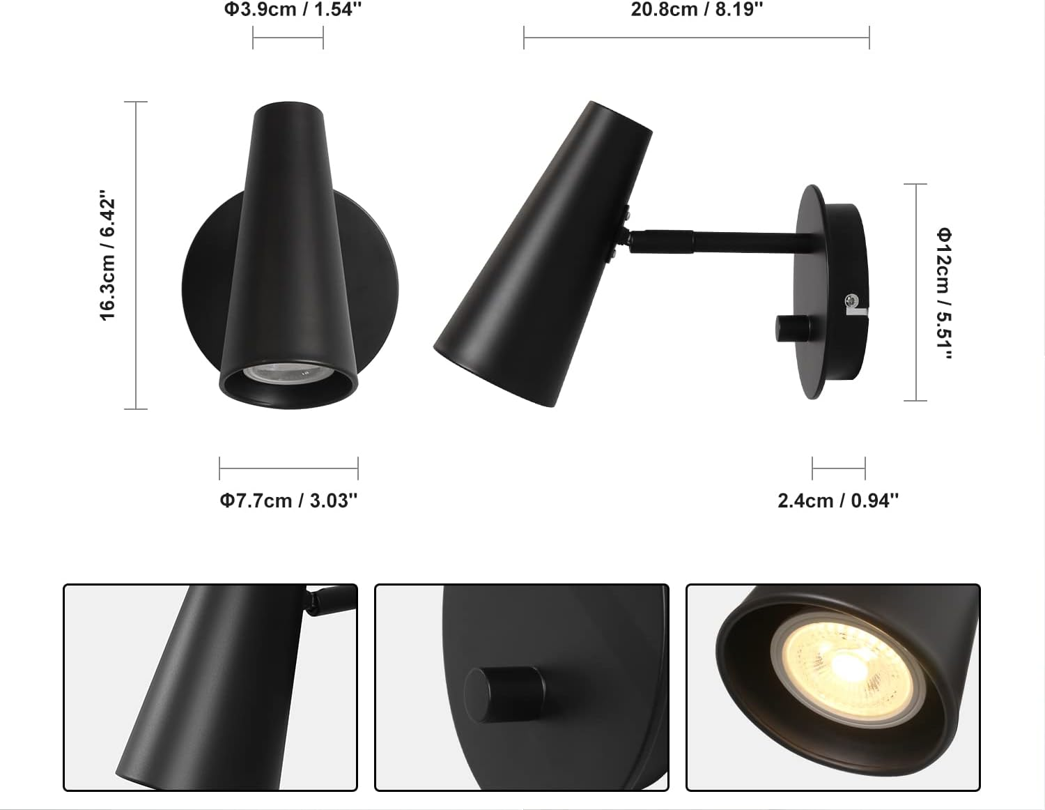 DAWALIGHT Dimmable Wall Light with Switch GU10 LED Warm White Dimmable 5 W Single Wall Lamp Indoor Adjustable Wall Lights for Reading Bedside Table Bedroom Corridor, Aluminium, Black image number 5