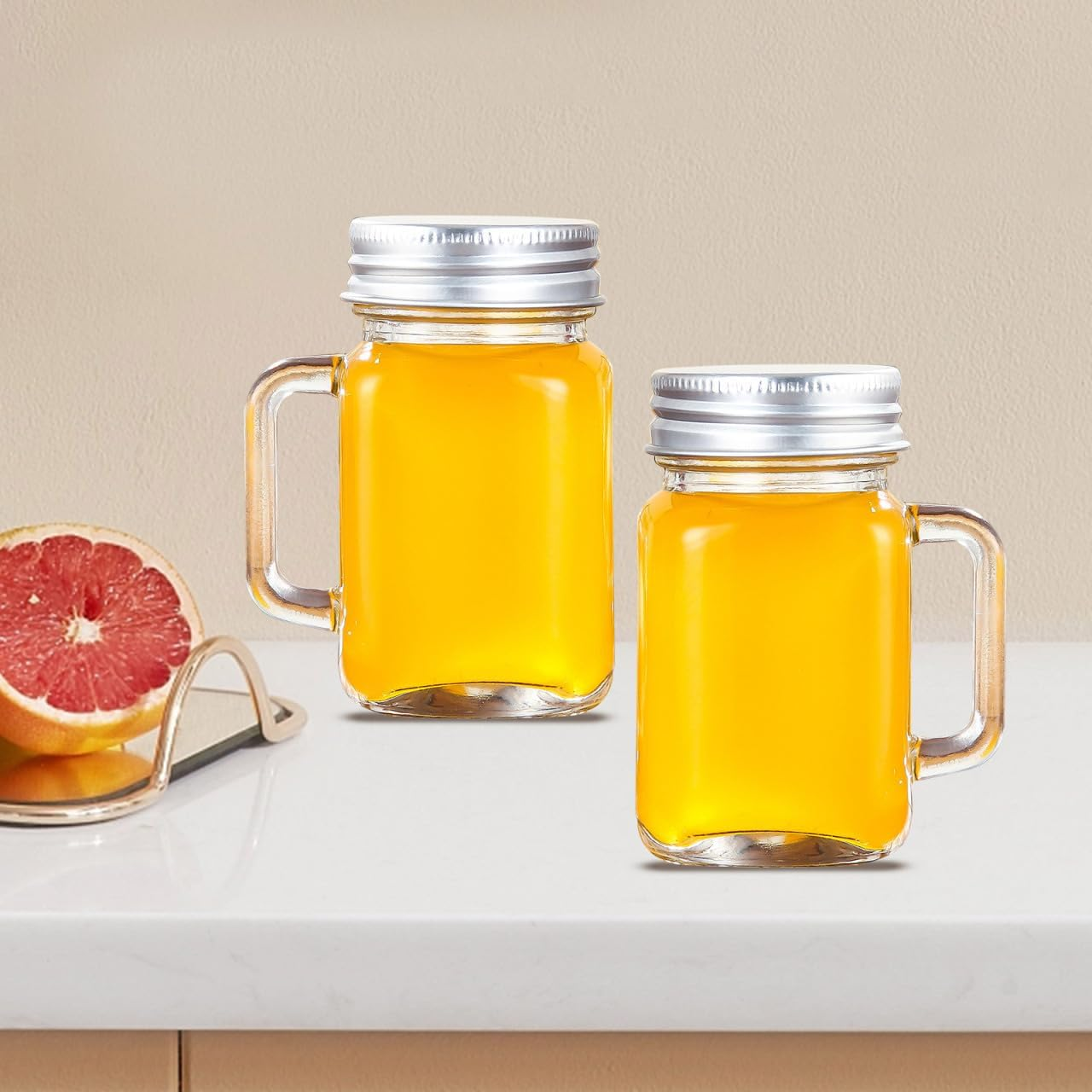 PRETYZOOM 4Pcs 120Ml/4Oz Mason Jars with Lid, Reusable Glass Shot Bottle with Handle, Leakproof Dispenser Bottle for Jam, Juice, Honey image number 6