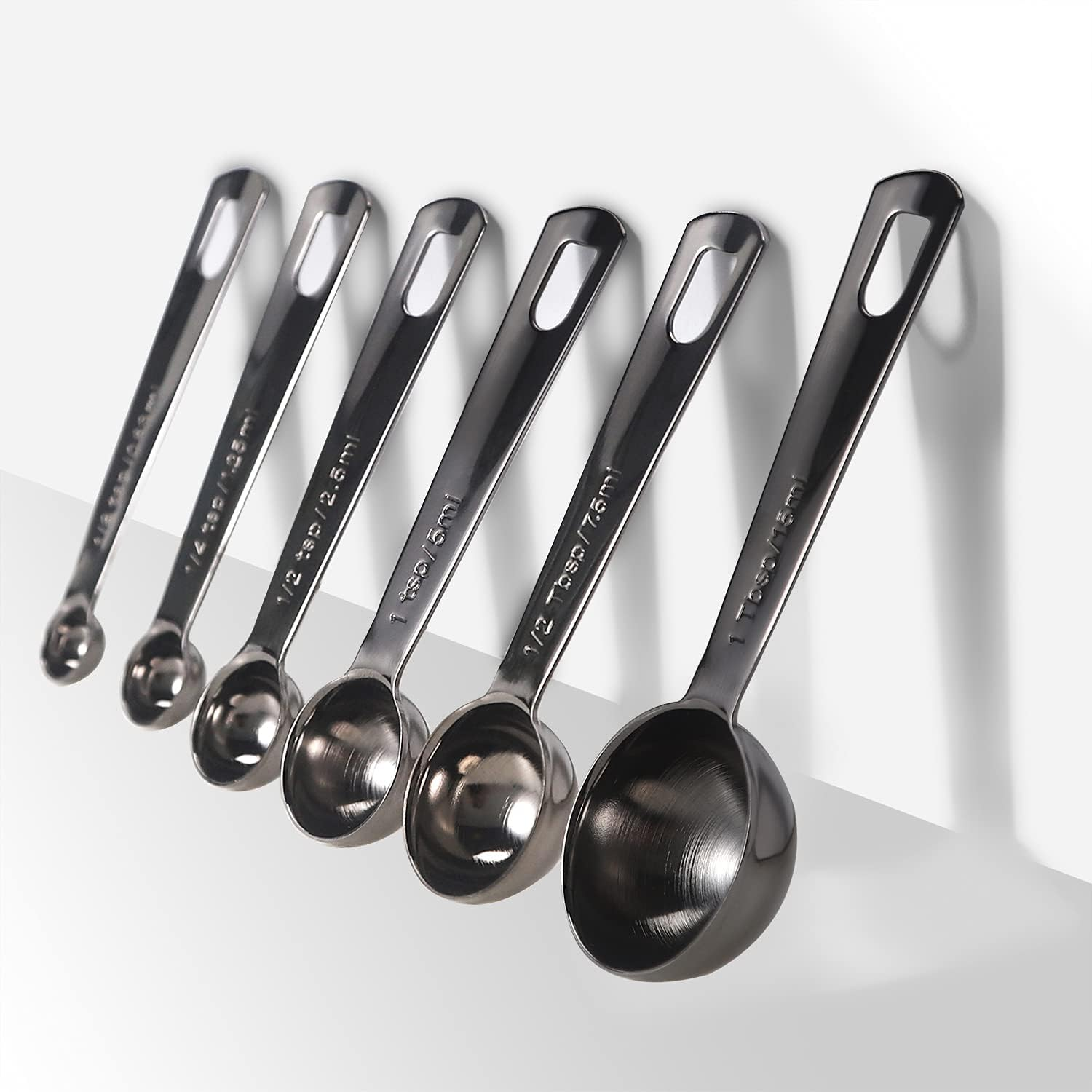 Black Measuring Spoons, Heavy Duty 18/8 Stainless Steel Metal Measuring Spoons Set of 6, Black Plated Spoon for Dry or Liquid Ingredients for Cooking Baking, Tablespoon Teaspoon Measuring Spoon Spice