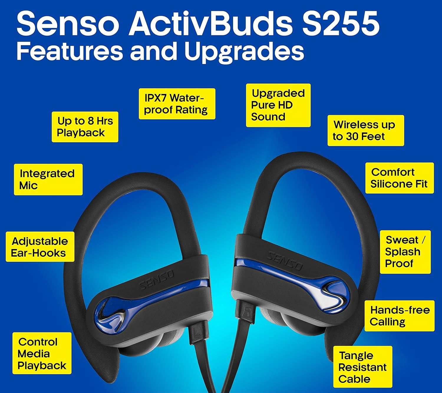 SENSO Bluetooth Wireless Headphones, Best Sports Earphones W/Mic IPX7 Waterproof HD Stereo Sweatproof Earbuds for Gym Running Workout 8 Hour Battery Noise Cancelling Headsets Cordless Heapdhone - Blue image number 1