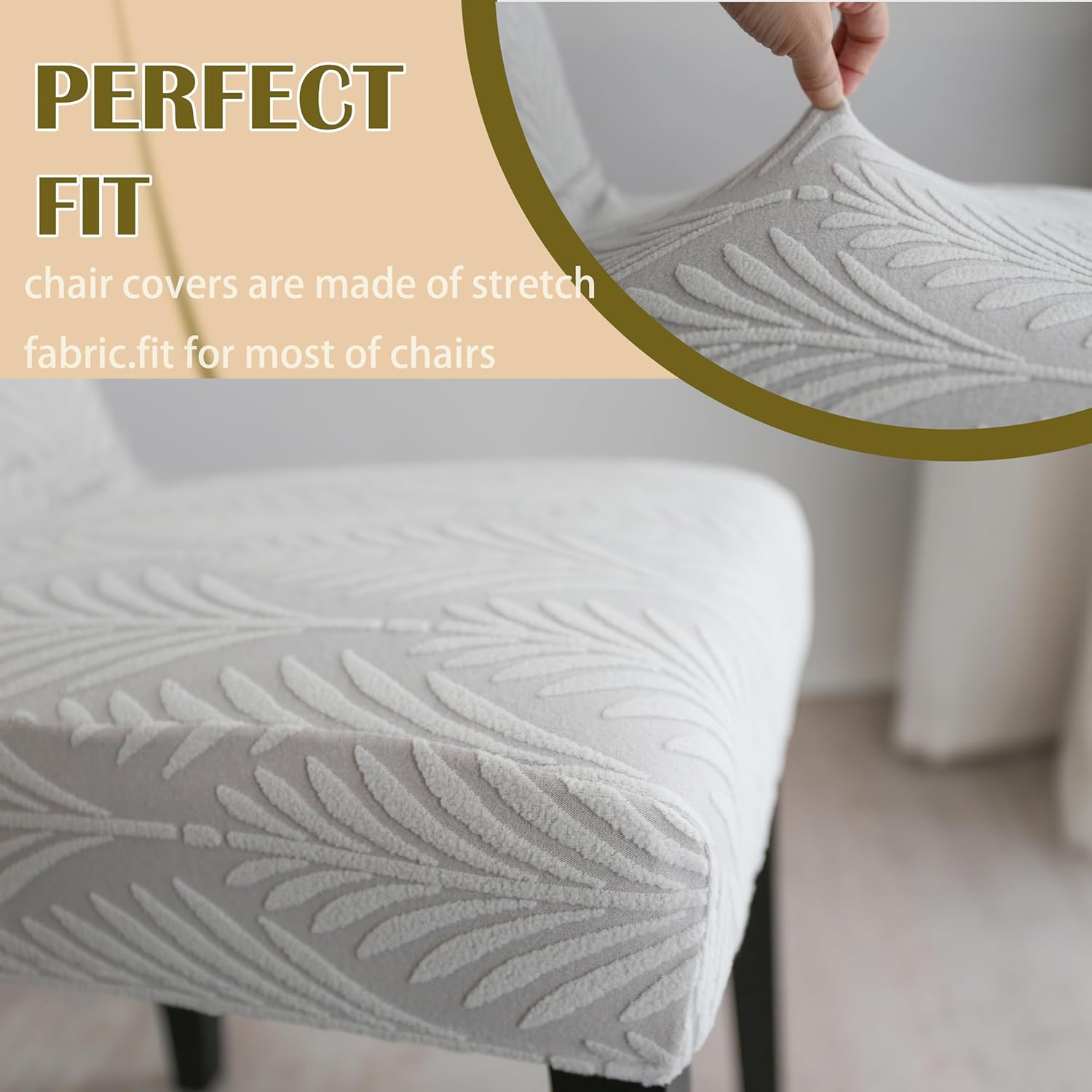 Dining Chair Covers, Stretch Kitchen Chairs Covers,Jacquard Dining Chair Covers Set of 6,Removable Washable Dining Chair Covers for Home Living Room Kitchen Banquet Hotel (6, Leaves-Medium Grey) - 6, Diamond-Beige image number 5