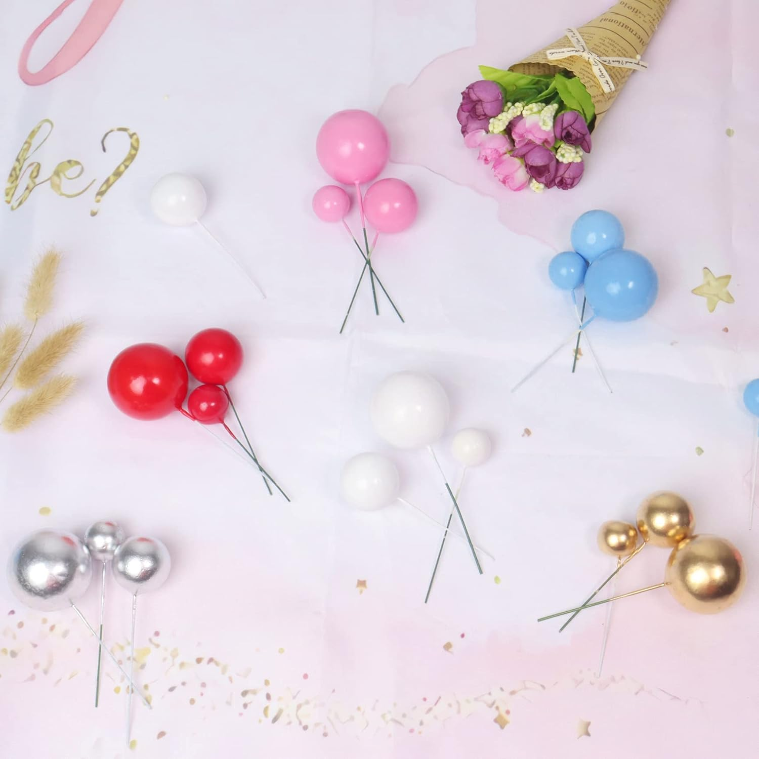 30Pcs Mini Balloon Cake Topper, round Foam Cupcake Topper Ball Cake Decoration,Diy Cake Insert Topper for Birthday Anniversary Graduation Party Decor Red - Blue image number 5