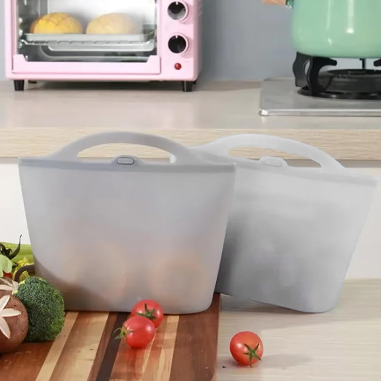 Microwave Sterilizer Bag, 1200Ml Flexible Silicone Microwave Steam Bags, Hanging Leakproof Pacifier Sterilizer with Handle, Steam Bags，2 Pcs image number 5