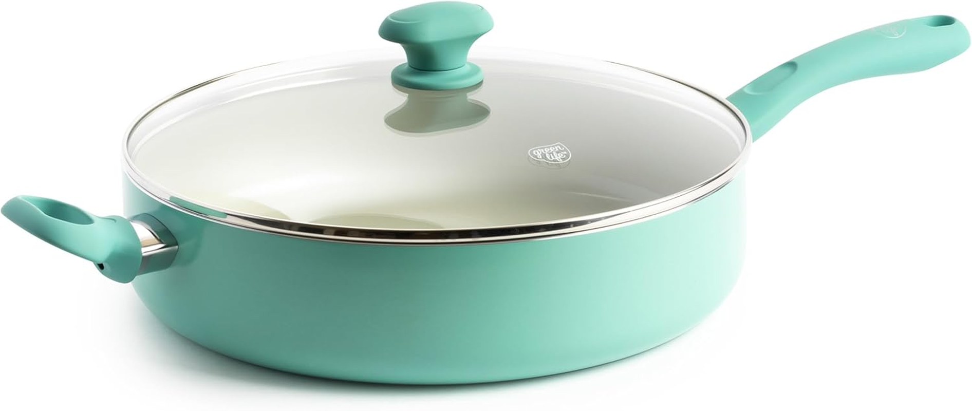 Greenlife Soft Grip Diamond Healthy Ceramic Nonstick, 5QT Saute Pan Jumbo Cooker with Helper Handle and Lid, Pfas-Free, Dishwasher Safe, Turquoise