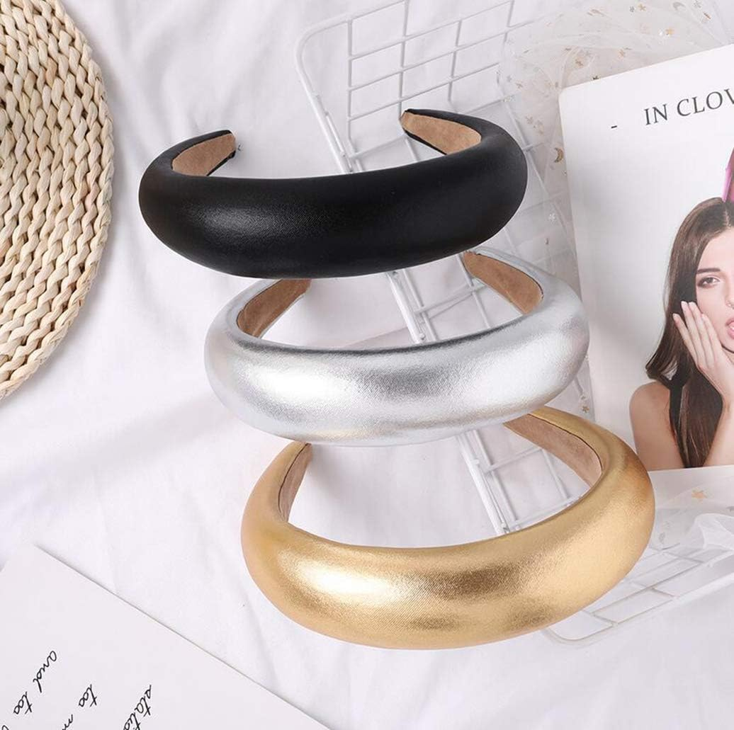 2 Pieces Vintage Leather Headbands Wide Padded Non-Slip Fashion Hair Hoop Headband Costume Accessory for Party Daily Wear (Gold+Silver) image number 3