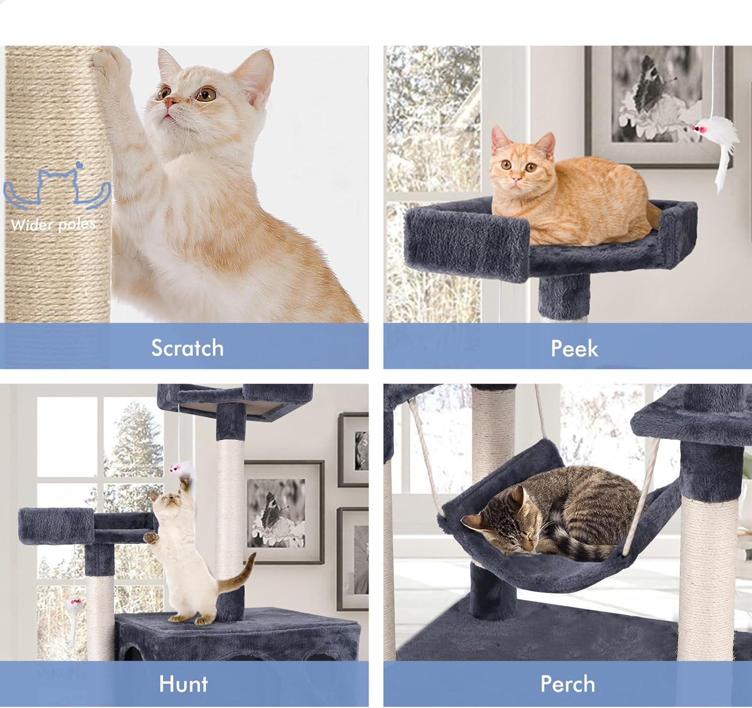 BEASTIE Cat Tree 184Cm Multi-Level Cat Tower with Scratching Posts, Cat Condo Play House Wooden Furniture with Hanging Toy & Hammock, Sisal-Covered Cat Scratcher Tower for Kitten Climbing & Rest, Grey