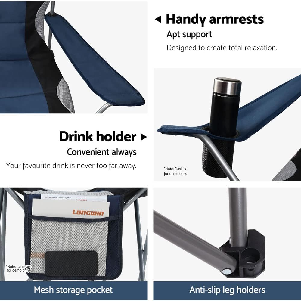 Weisshorn Set of 2 Camping Chairs, Outdoor Armchair Lounge Beach Chair Portable Folding Lightweight Camp Lounger Travel Hiking Fishing Picnic Gear, with Carry Bag Drink Holder Foldable Navy - Grey image number 5