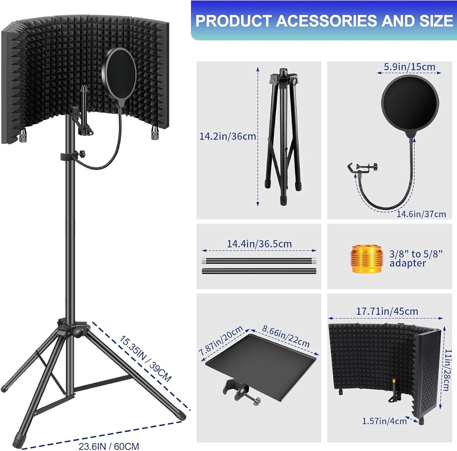 Homodoskey Microphone Isolation Shield with Pop Filter & Tripod Stand, Foldable Mic Shield with Triple Sound Insulation, High Density Mic Sound Shield for Recording Studio, Podcasts, Singing image number 2