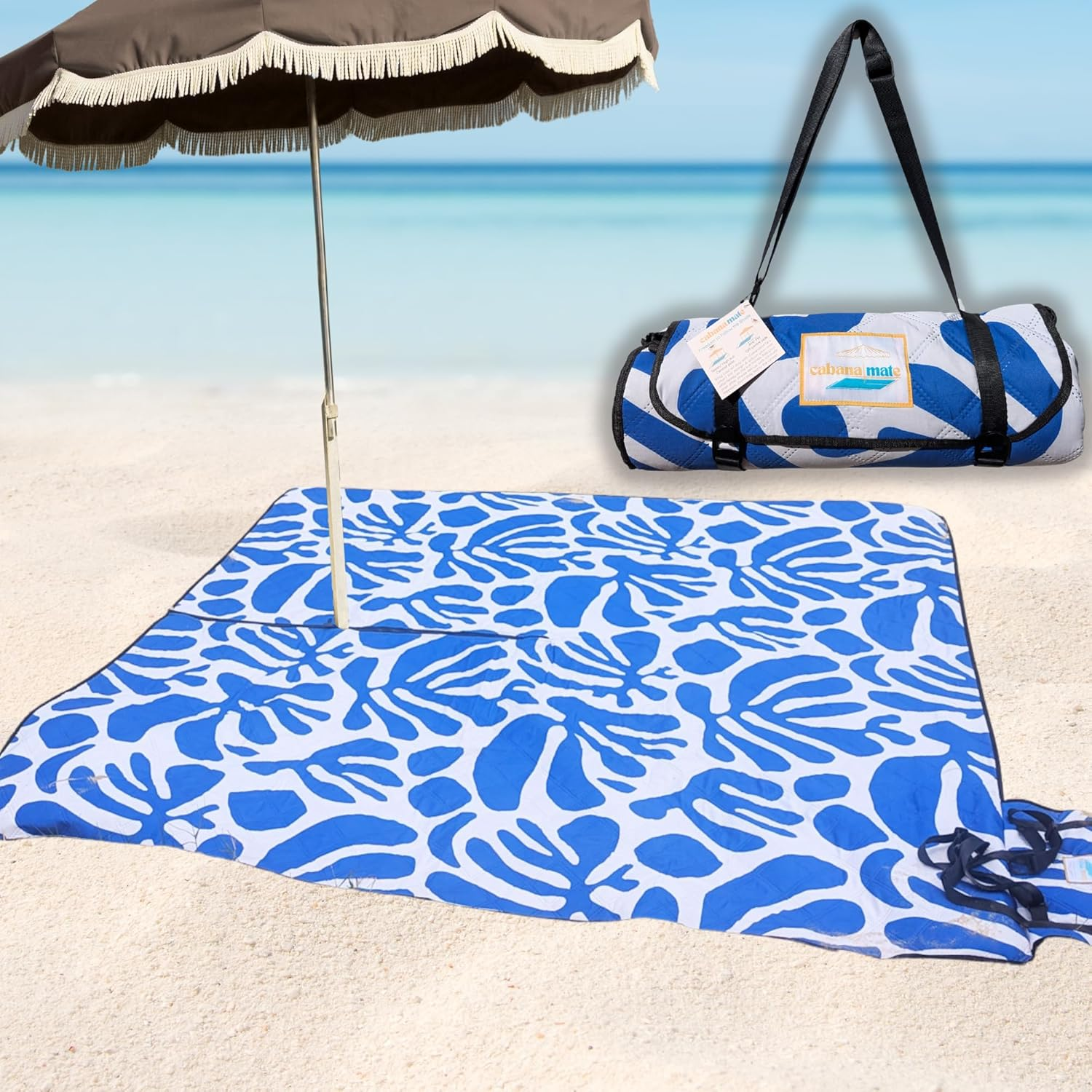 2M * 2M Cabanamate Picnic Rug &ndash; Adjustable Zip-Slit Design for Cabana or Umbrella, Sand-Resistant Beach Mat, Water-Resistant, Lightweight & Eco-Friendly (Blue Coral)