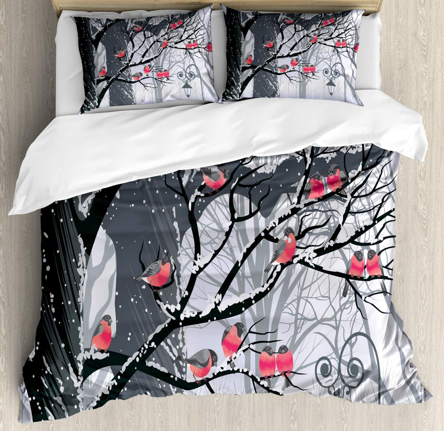 Winter Duvet Cover Set King Size by Ambesonne Cute Bullfinches on Trees Winter City Park Snow Cold Weather Immigrant Birds Design Decorative 3 Piece Bedding Set with 2 Pillow Shams Grey Coral image number 4