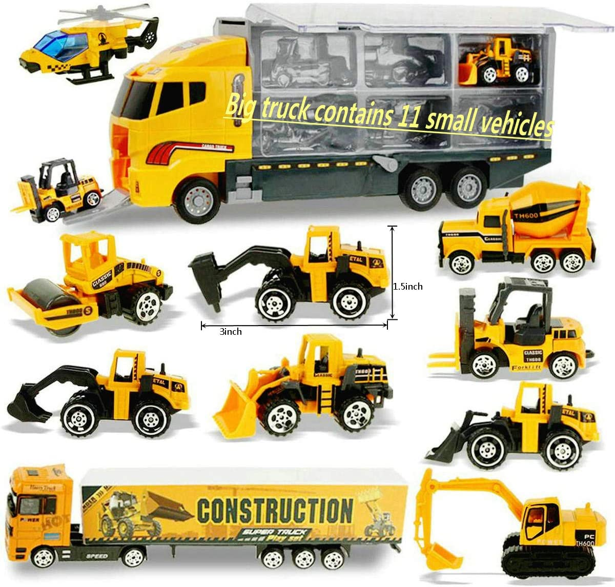 Construction Trucks 11 in 1 Vehicles with Car Met and Road Sign Sticker Car Toys for over 3 Year Old Boys