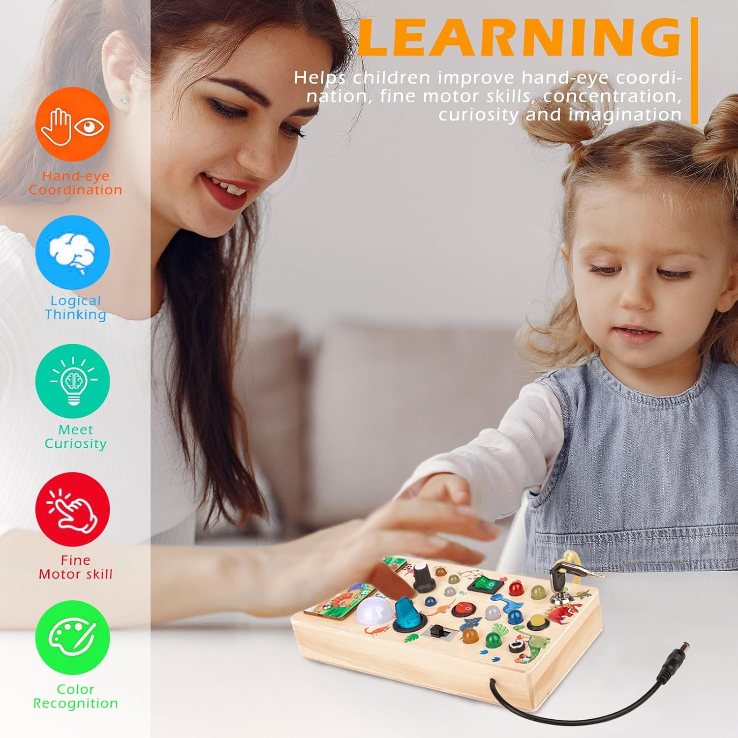 Montessori Toddler Busy Board, Led Dinosaur Wooden Sensory Board Educational Toys Wiht Switch Light Designs, Early Fine Activity Motor Skills Travel Toys for Toddlers Boys and Girls image number 4