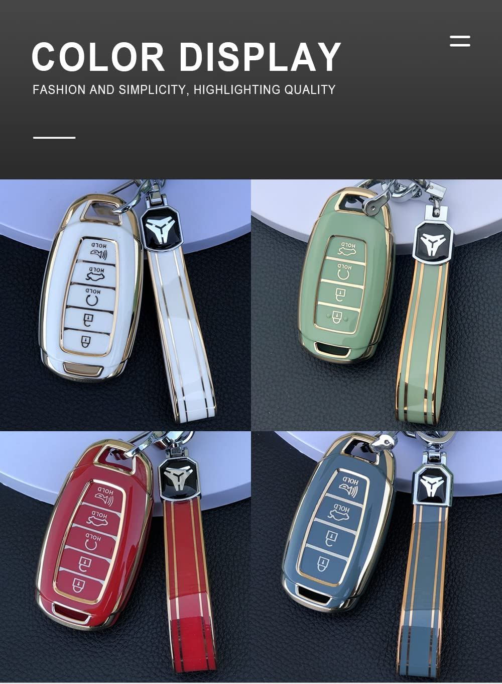 HIBEYO Key Fob Cover for 2018 2019 2020 2021 2022 Hyundai Santa Fe Venue Kona Veloster Palisade Elantra GT Accessories with Keychians Key Case Shell Soft TPU 4 Button-White - Black image number 4