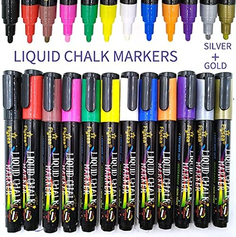 RIDINO Liquid Chalk Pen Markers - Chalkboard Marker Erasable on Blackboard, Glass, Window, Mirror and Kids Art-Chalk Pen Includes Reversible Chisel & Bullet Tip - Wet Erase Ink(12 Colors) image number 3